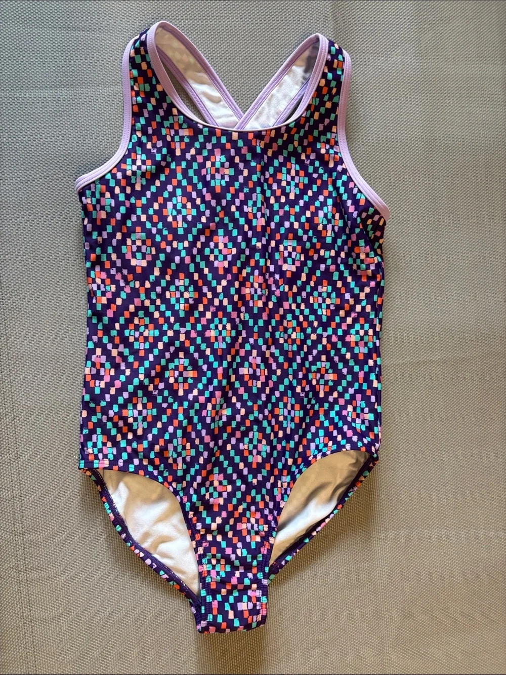 LL bean Girls One-Piece Swimsuit in Purple Geometric Print sz 10 spf 50 EUC